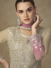 Beige & Pink Mirror Handwork Georgette Palazzo Suit