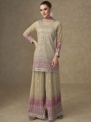 Beige & Pink Mirror Handwork Georgette Palazzo Suit