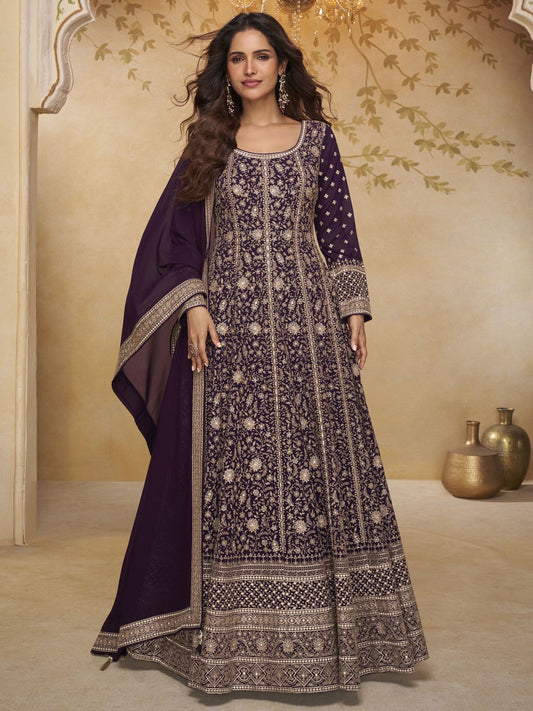 Wine Embroidered Anarkali Gown with Dupatta