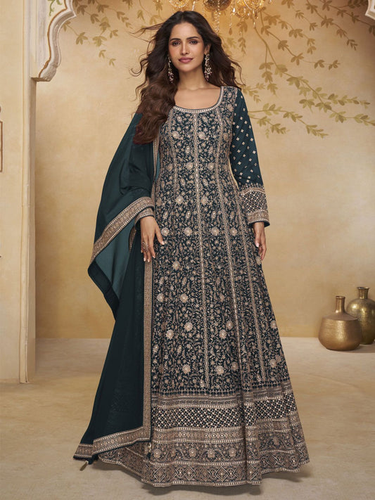 Green Embroidered Anarkali Gown with Dupatta