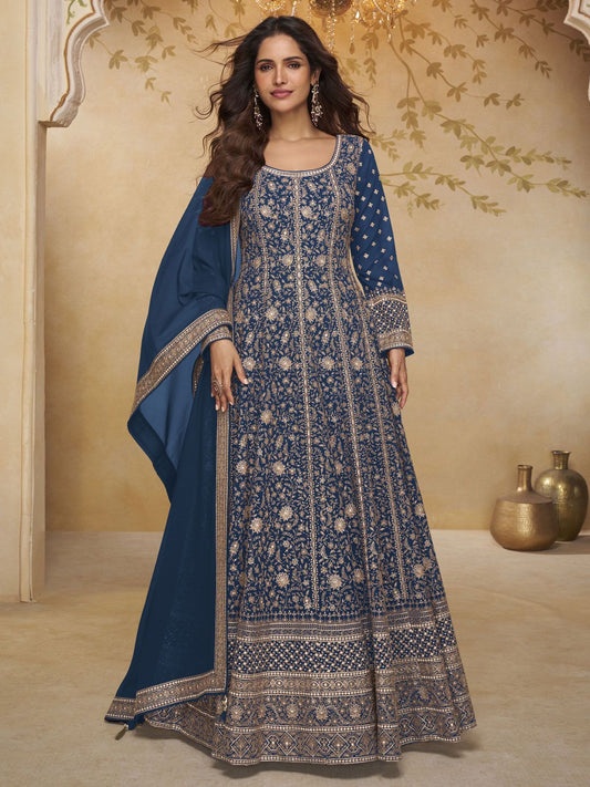Royal Blue Embroidered Anarkali Gown with Dupatta
