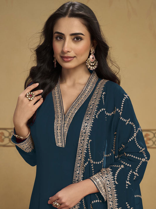 Teal Blue Anarkali Top Style Pant Style Dress