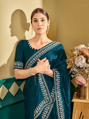 Teal Embellished Sequinned Satin Saree