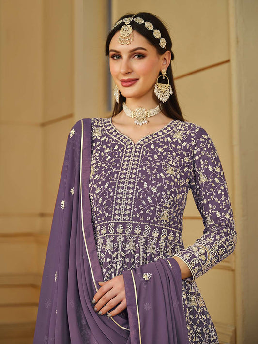 Purple Thread Embroidery Georgette Anarkali Suit