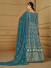 Teal Blue Thread Embroidery Georgette Anarkali Suit