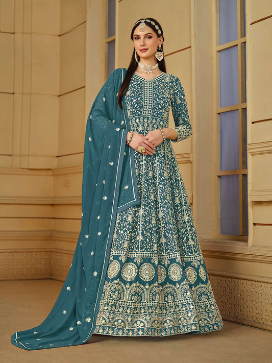 Teal Blue Thread Embroidery Georgette Anarkali Suit