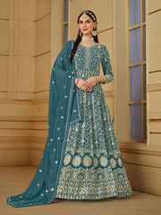 Teal Blue Thread Embroidery Georgette Anarkali Suit