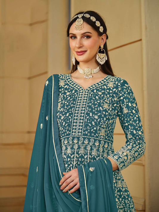 Teal Blue Thread Embroidery Georgette Anarkali Suit