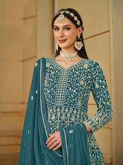 Teal Blue Thread Embroidery Georgette Anarkali Suit