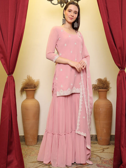 Pink Sequence Embroidered Kurta With Sharara & Dupatta