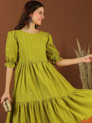 Green Chikankari Embroidered Cotton Midi Ethnic Dress