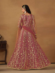Coral Pink Embroidered Net Wedding Anarkali Suit