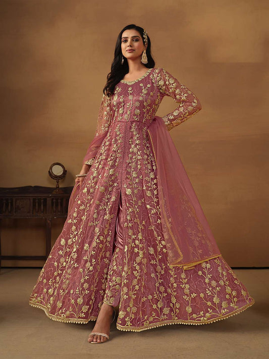 Coral Pink Embroidered Net Wedding Anarkali Suit