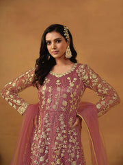Coral Pink Embroidered Net Wedding Anarkali Suit