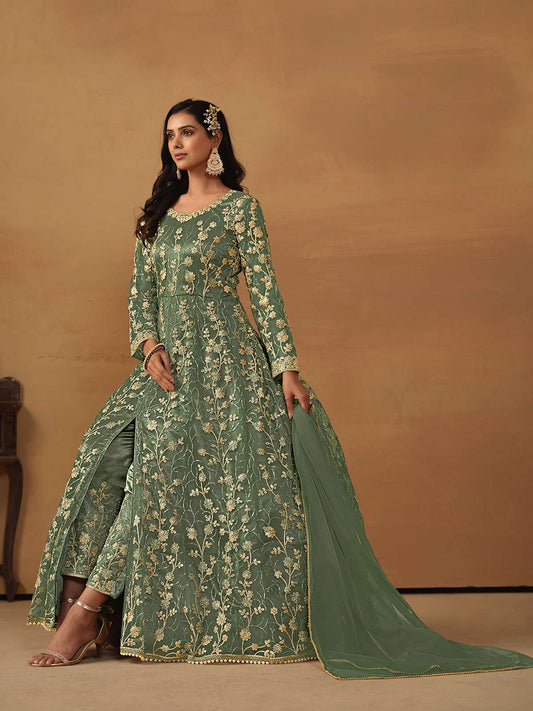 Sage Green Embroidered Net Wedding Anarkali Suit