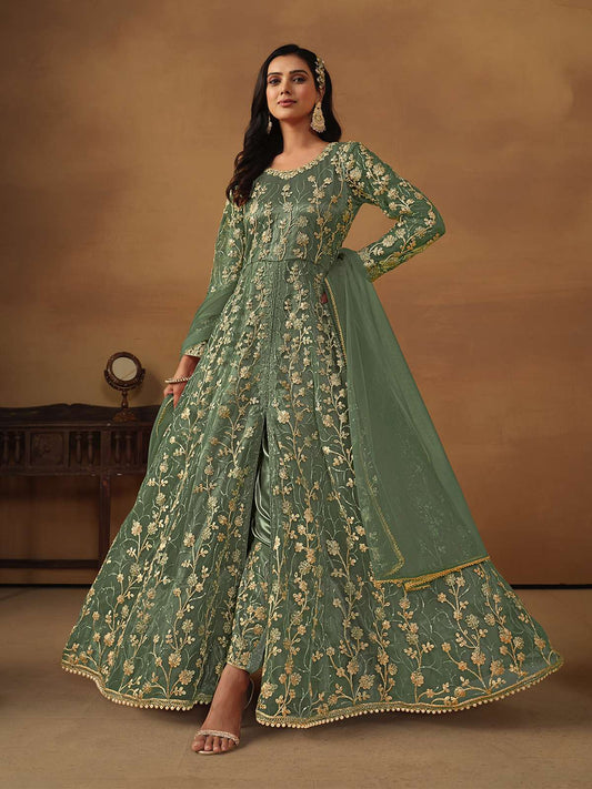 Sage Green Embroidered Net Wedding Anarkali Suit