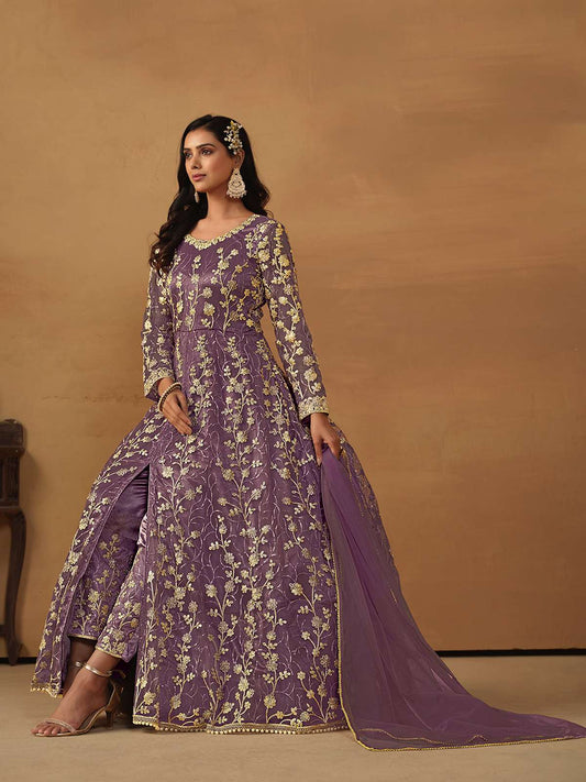 Purple Embroidered Net Wedding Anarkali Suit