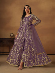 Purple Embroidered Net Wedding Anarkali Suit