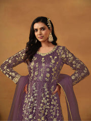 Purple Embroidered Net Wedding Anarkali Suit