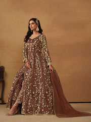 Snuff Brown Embroidered Net Wedding Anarkali Suit