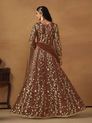 Snuff Brown Embroidered Net Wedding Anarkali Suit