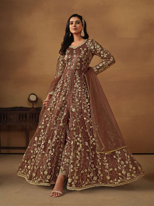 Snuff Brown Embroidered Net Wedding Anarkali Suit
