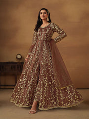 Snuff Brown Embroidered Net Wedding Anarkali Suit