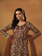 Snuff Brown Embroidered Net Wedding Anarkali Suit