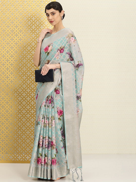 Floral Zari Linen Blend Saree