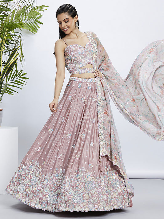 Rose gold Chiffon Sequins and thread embroidery Semi-Stitched Lehenga choli & Dupatta