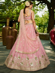 Pink colour Chinnon Sequinse embroidery Semi-Stitched Lehenga choli and Dupatta