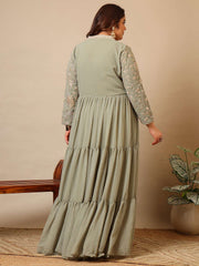 Embroidered V-Neck Fit & Flare Ethnic Dresses