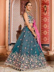 Teal Tissue Fabric Sequins embroidery Semi Stitched Lehenga & Unstitched Blouse With Dupatta