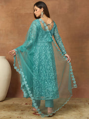 Women Floral Embroidered Tiered Thread Work Kurta with Trousers & With Dupatta