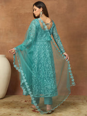 Women Floral Embroidered Tiered Thread Work Kurta with Trousers & With Dupatta