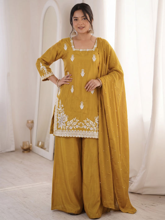 Yellow Designer Roman Silk Embroiderd Palazzo Suit