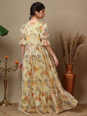 Floral Printed Bell Sleeve Maxi Ethnic Dresses