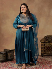 Floral Yoke Design Sequinned Satin Anarkali Kurta with Dupatta