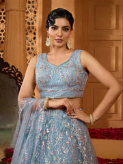 Grey Net Fabric Sequins embroidery Semi-Stitched Lehenga & Unstitched Blouse With Dupatta
