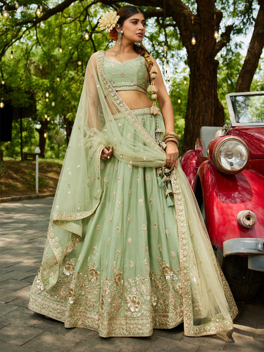 Lime Green colour Chinnon Sequinse embroidery Semi-Stitched Lehenga choli and Dupatta