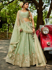 Lime Green colour Chinnon Sequinse embroidery Semi-Stitched Lehenga choli and Dupatta