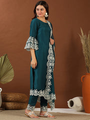 Teal Thread Work Round Neck Flared Sleeves Kurta with Trousers & With Dupatta