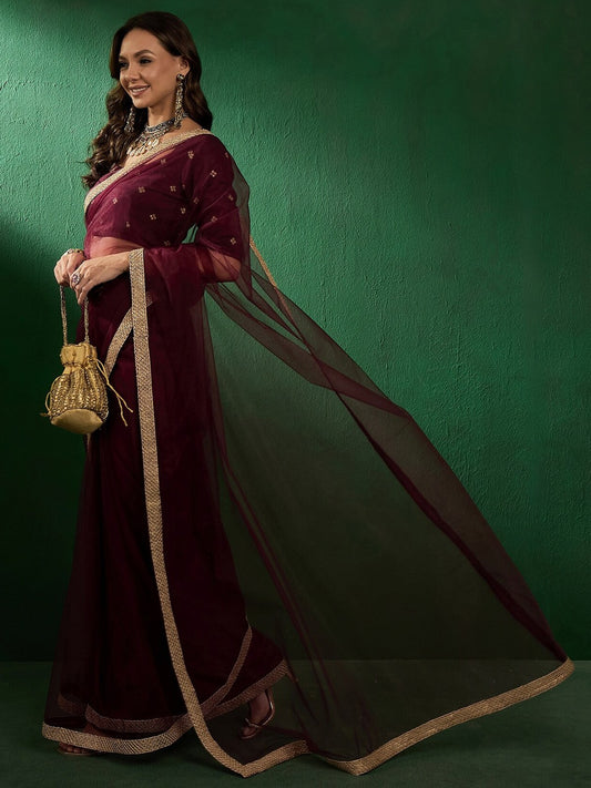 Burgundy Embroidered Sarees
