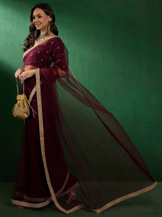 Burgundy Embroidered Sarees