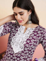 Purple Floral Printed Thread Work Straight Kurta