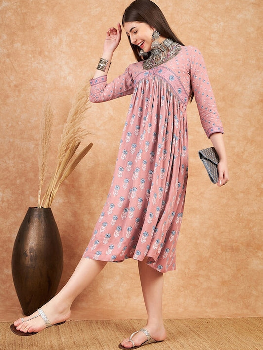 Floral Printed Flared Midi-Length Pure Cotton Ethnic Dress