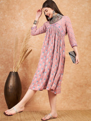 Floral Printed Flared Midi-Length Pure Cotton Ethnic Dress