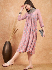Floral Printed Flared Midi-Length Pure Cotton Ethnic Dress