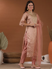 Pink Ethnic Motifs Woven Design Notched Neck Thread Work Kurta with Trousers & Dupatta