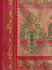 Red & Gold-Toned Woven Design Silk Blend Patola Saree